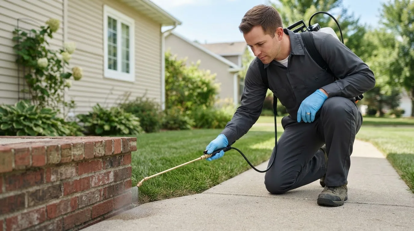 Pest control technician treating a home near South Gardiner, ME
