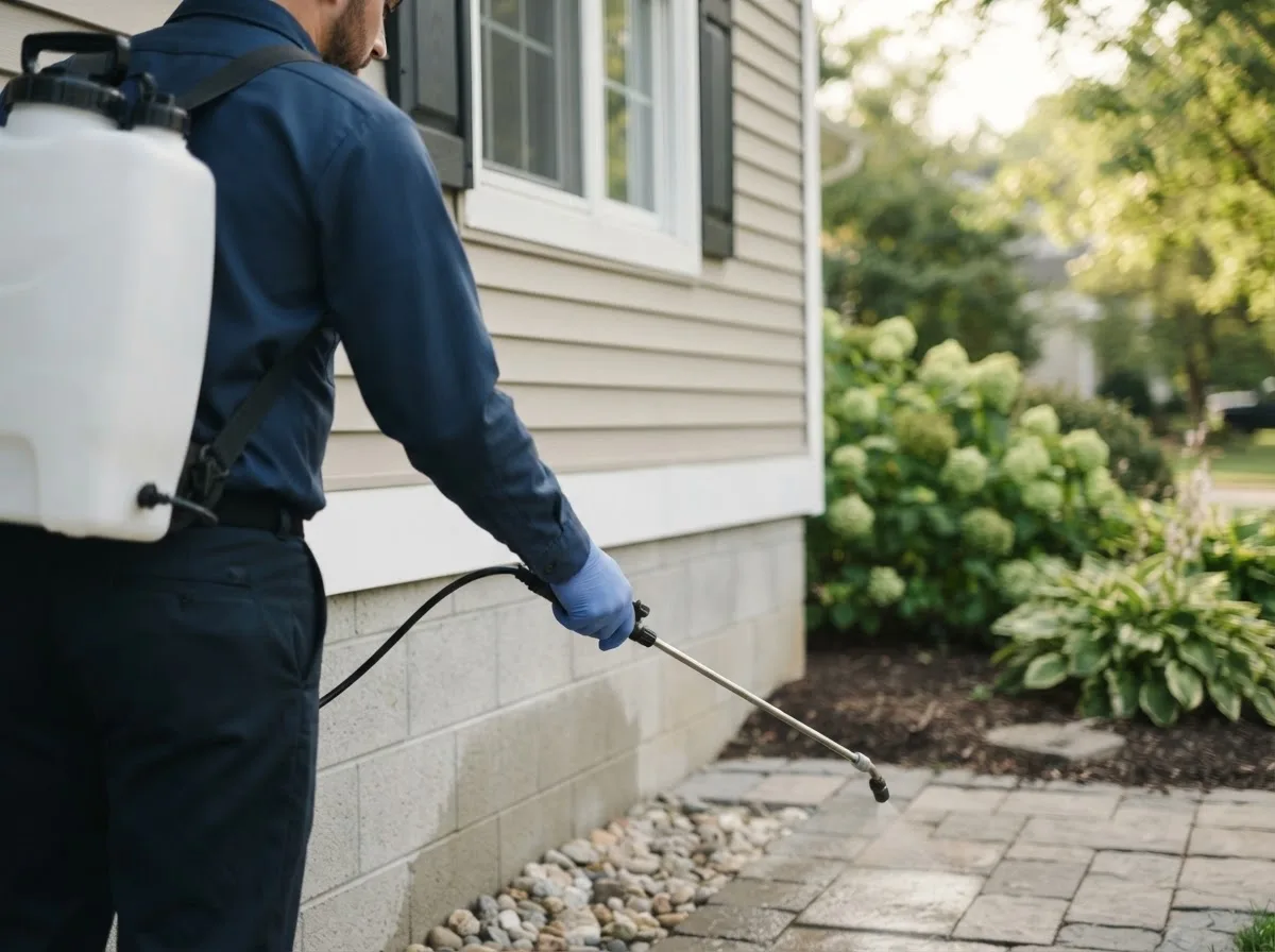 Pest control technician inspecting a home in South Gardiner, ME